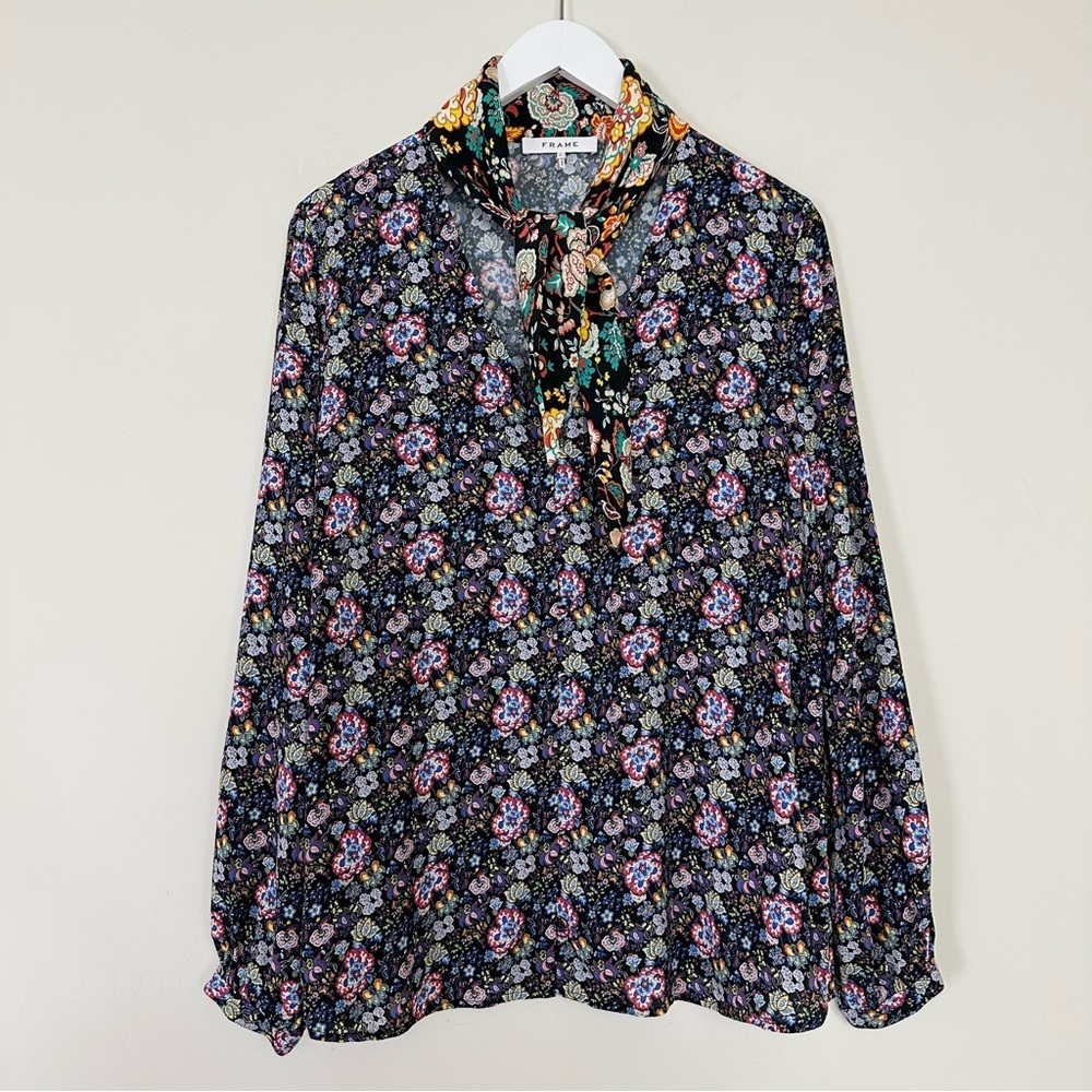 FRAME Open Scarf V-Neck Long-Sleeve Floral-Print Blouse
